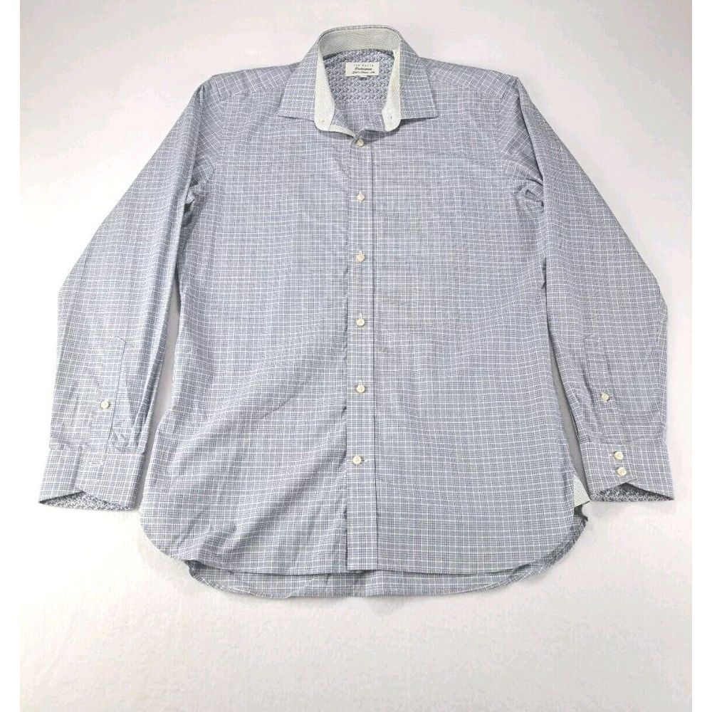 Ted Baker Shirt‎ Mens 15.5 Blue White Plaid Endurance Long Sleeve Button Up